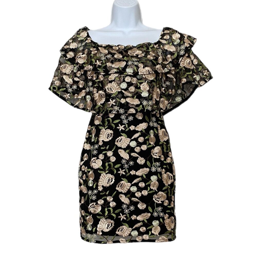 Dolly & Delicious Black Floral Embordered Cocktail Mini Dress Size 2
